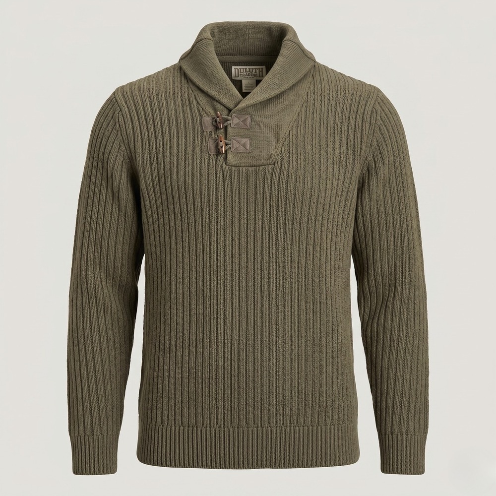 Duluth Trading Co Men's Olive Rib-Knit Shawl Collar Sweater